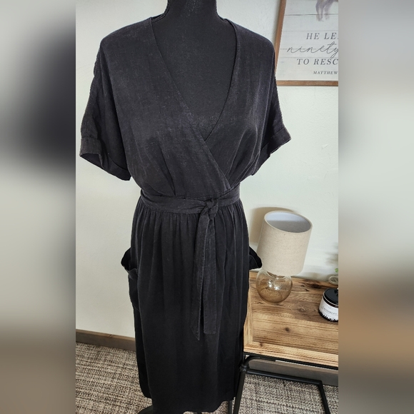 URBAN OUTFITTERS LINEN BLEND WRAP DRESS WITH DEEP POCKETS - Picture 2 of 12